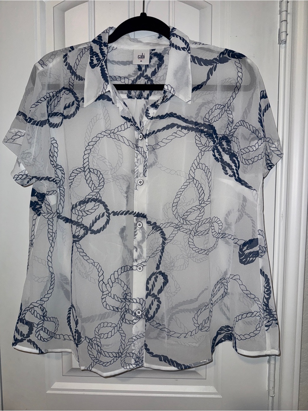 CAbi White Blouse with Navy Rope Motif